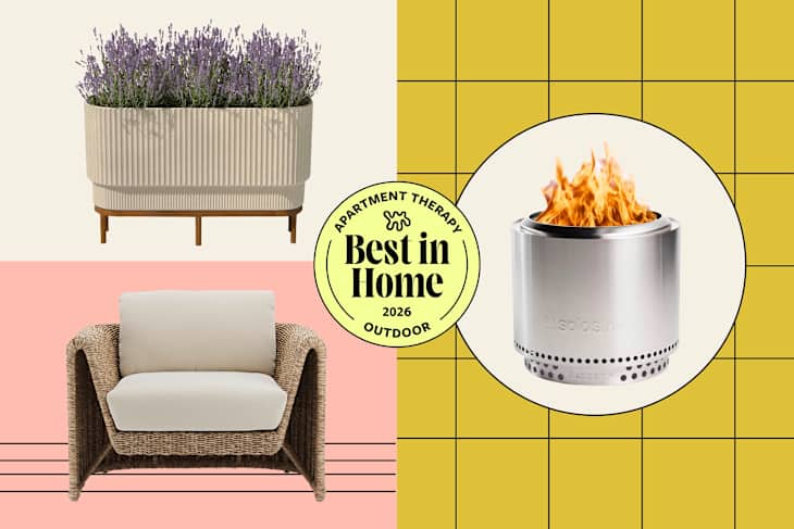 A lavender planter, a wicker outdoor chair with cushions, and a fire pit with flames, all on a colorful background.