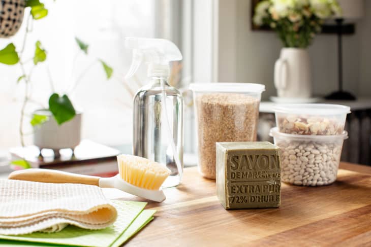 Variety of eco friendly home items on the kitchen counter