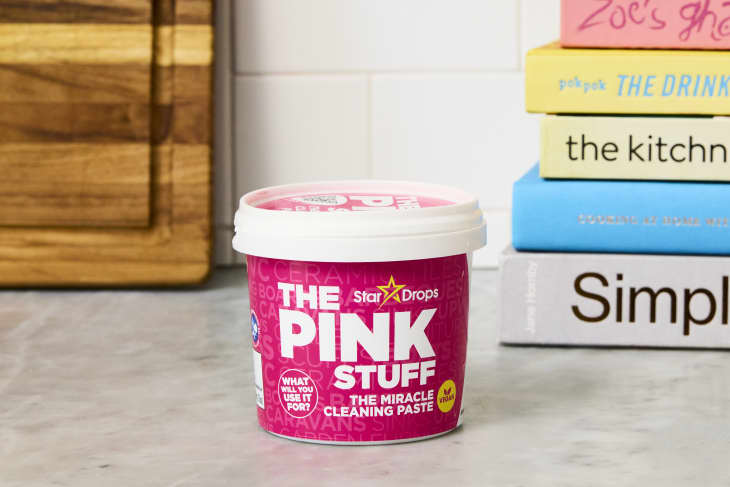 head on shot of a tub of the pink stuff on a kitchen counter