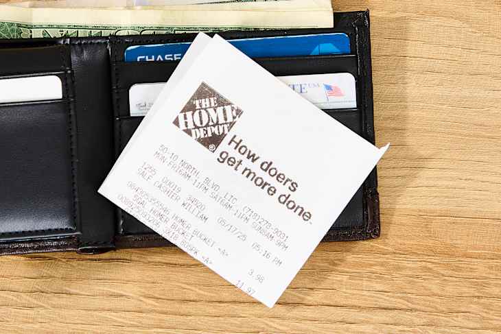 home depot receipt in a black wallet