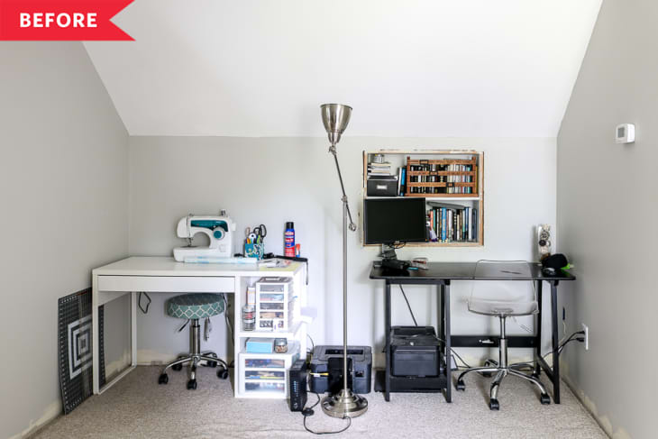 Home office with sewing machine, desk, computer, bookshelves, and a floor lamp in a small room.