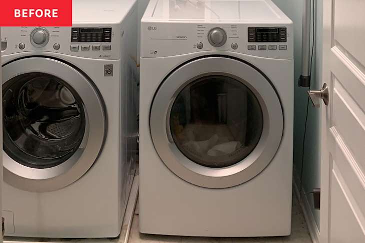 Before: Laundry room with plain blue walls