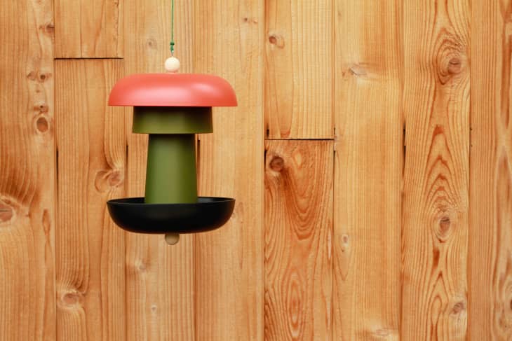 red, green, and black DIY modern bird feeder hanging in front of a wood wall