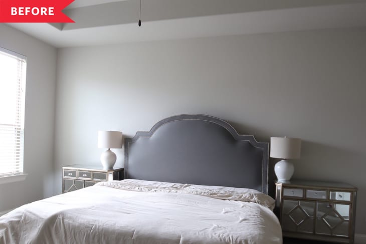 Before: Boring white bedroom with gray bed.