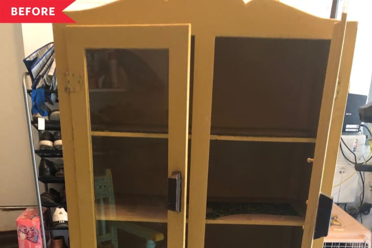 Before: Yellow hutch with chipped paint