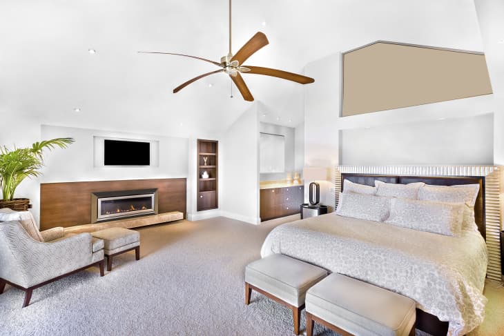 modern bedroom with brown ceiling fan