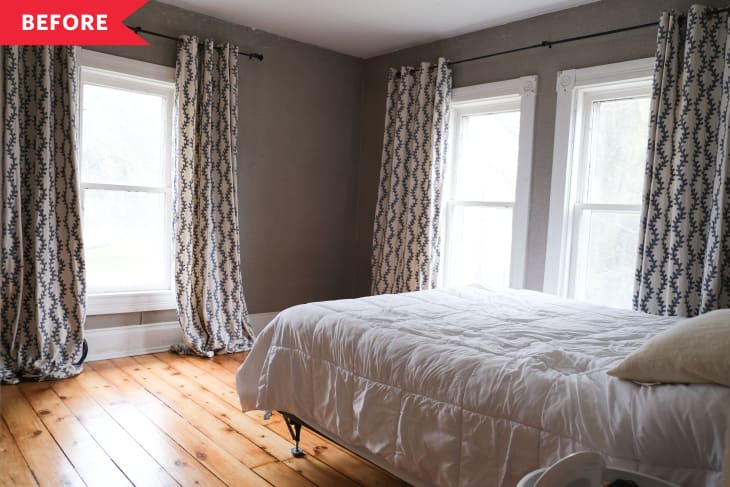 Before: bedroom with gray walls, patterned drapes, and wood floor
