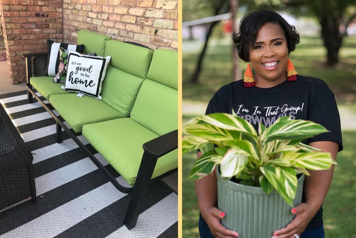 Left: Outdoor furniture on patio. Right: Tara Paige holding plant.