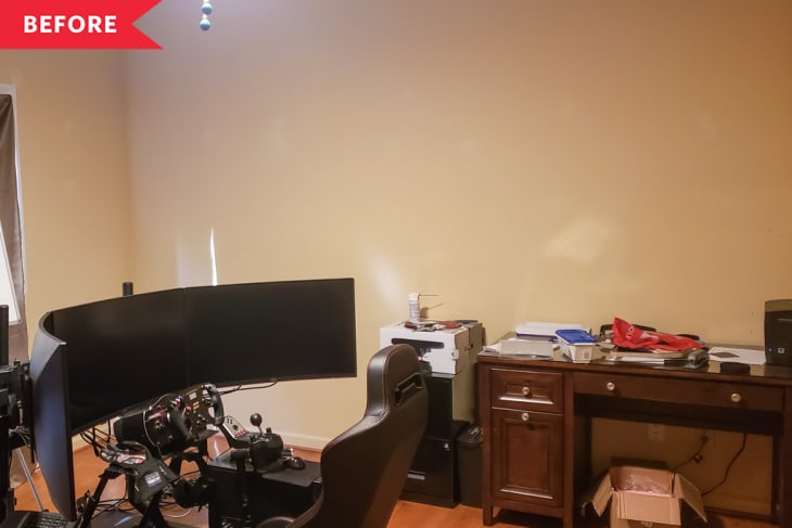 Before: cluttered office with beige walls