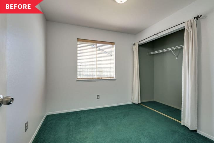 Before: Empty bedroom with green carpeting