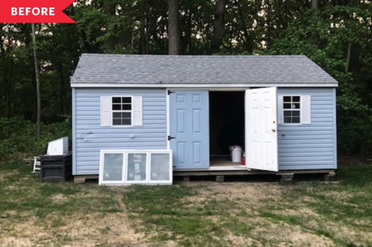 Before: Blue shed with white shutters and blue doors