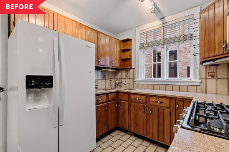 Before: Small dated kitchen with brown cabinets