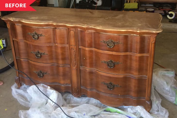Before: brown wood dresser with six drawers