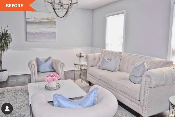 white neutral living room before renovation light blue throw pillows