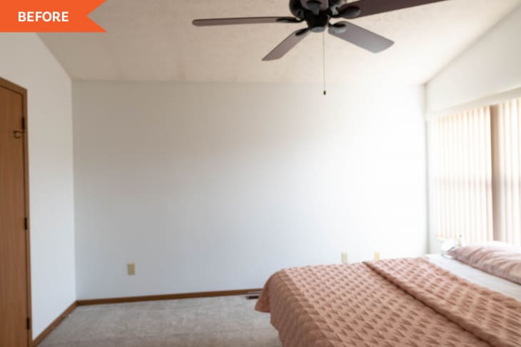 Before: Basic, nearly empty bedroom with pink bed