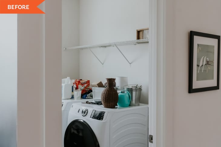 Laundry room with washer, dryer, cleaning supplies, wicker vase, and teal watering can on top.