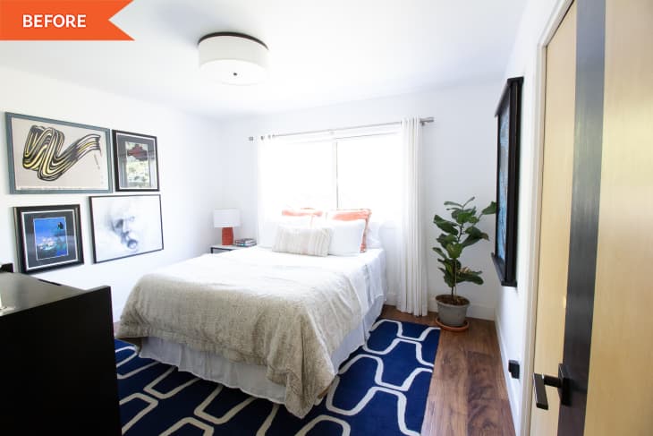 Before: bedroom with blue rug and gallery wall