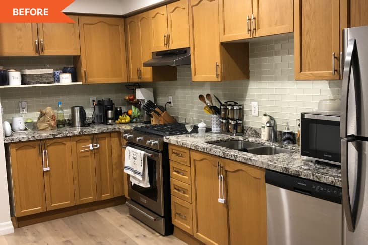 Before: brown wooden kitchen cabinets