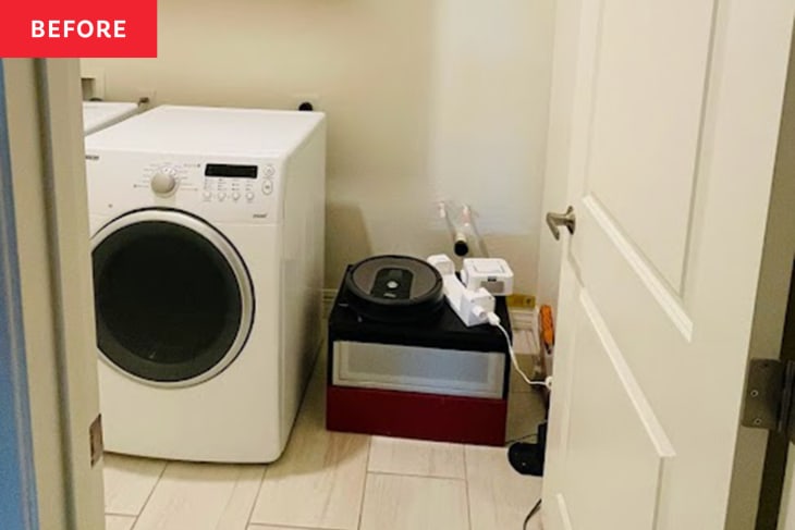 Before: Builder-grade laundry room