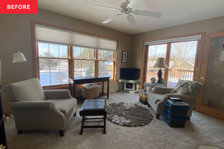 Before: a tan room with lounge chairs and ottomans