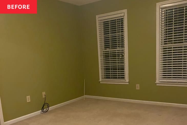 Before: an empty green room with blinds on the windows