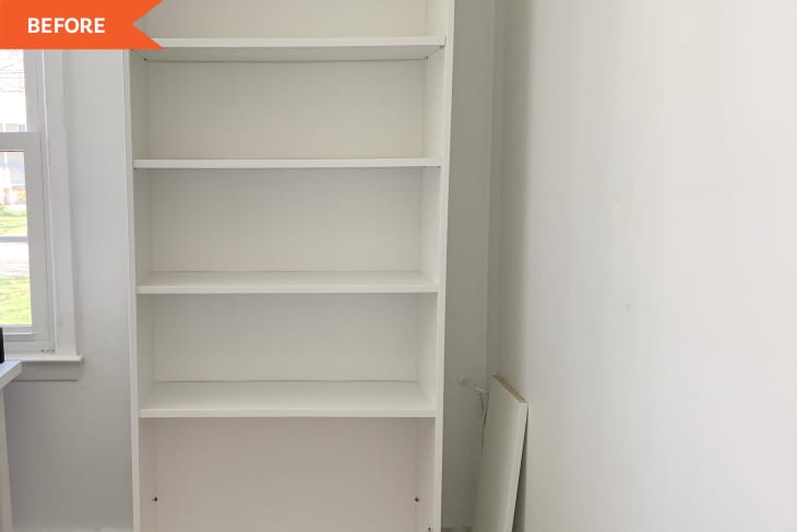 Before: an empty white bookshelf