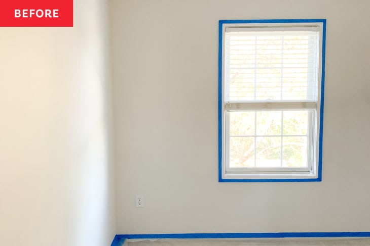 Before: a white room with a room and painters tape along the edges of the walls and windows
