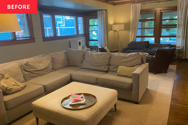 Before: Slouchy sectional in somewhat-dim living room