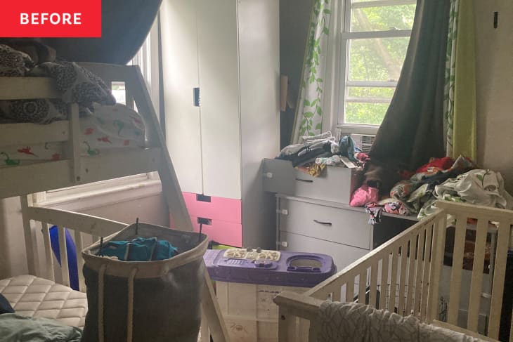 Before: Messy kid's room with bunk beds and a crib