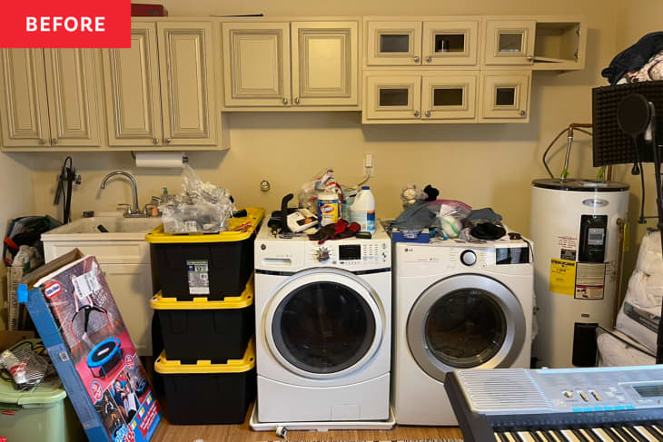 Before: a tan laundry room with a white sink and containers stacked up
