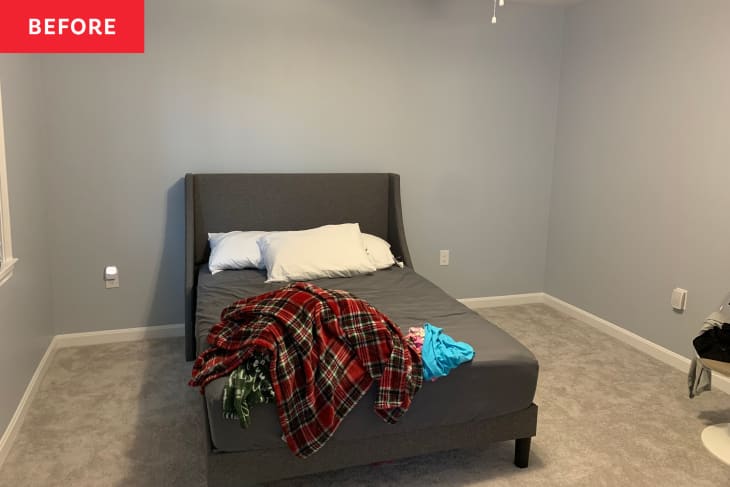 Before: a gray bed in a blue room