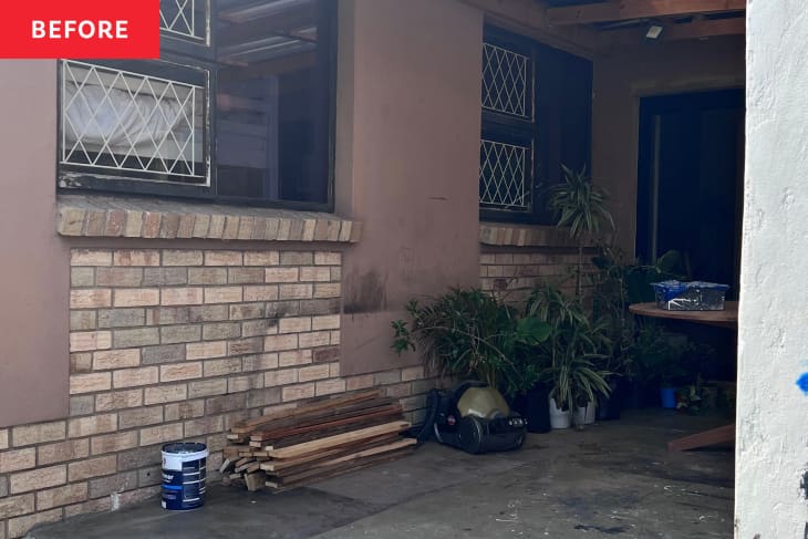 Before: a brown wall with bricks next to lots of green plants