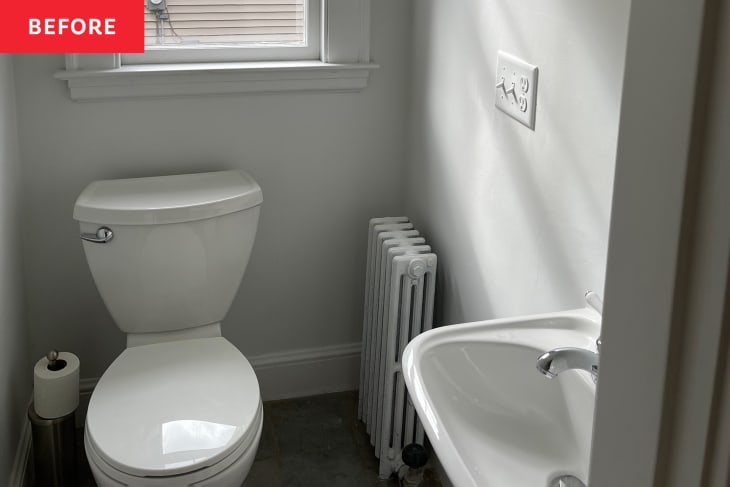 Before: a white toilet and sink in a white bathroom