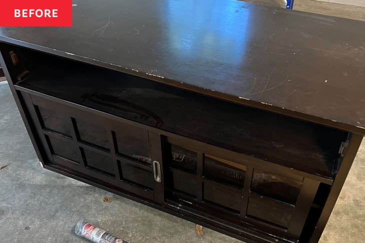 used dark wood dresser before being refurbished