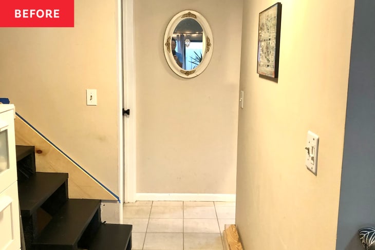 Before: a beige hallway and stairwell with black stairs