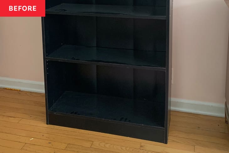 IKEA black BILLY bookcase before upcycling into headboard