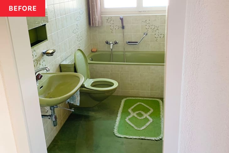 green and white bathroom before makeover