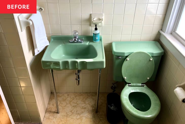 Vintage jade green bathroom before renovations.