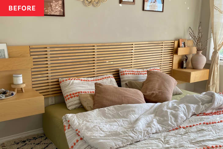 Bedroom with wooden headboard before renovation.