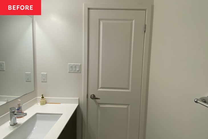 Before: Plain builder-grade bathroom