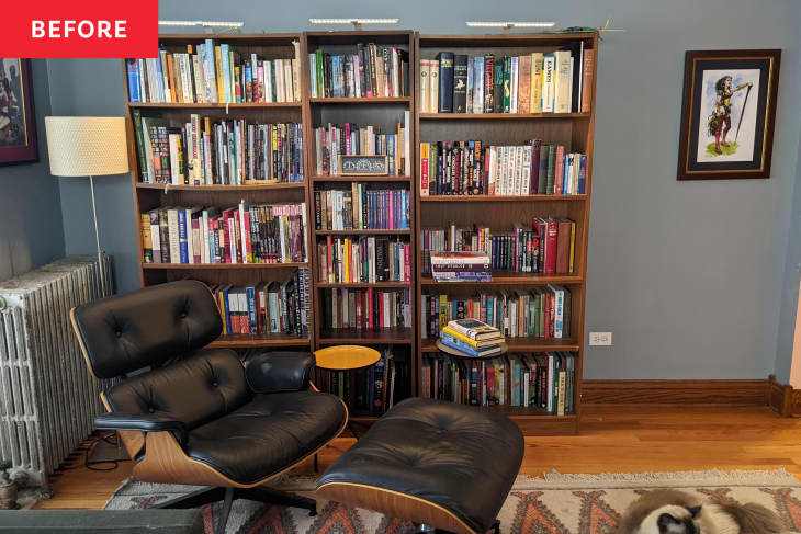 Bookshelves on wall before renovating.