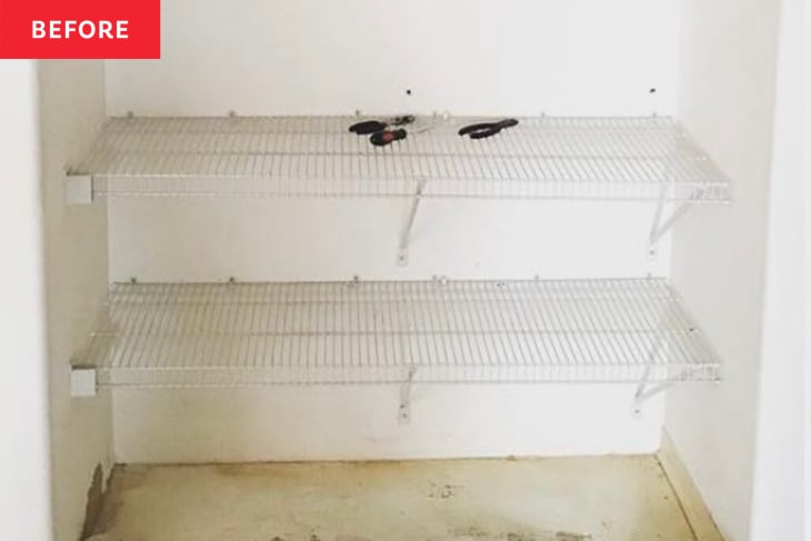 Before: two white wire shelves in a white closet