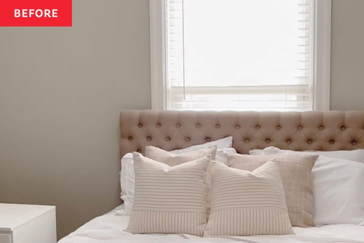 Light colored upholstered headboard before bedroom renovation.