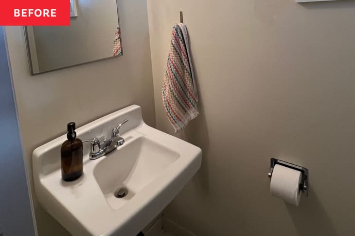 Before: a tan bathroom with a white sink with a silver faucet