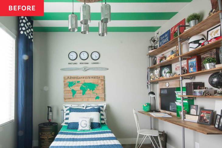 Green, blue and white kids room with world map painted on wood paneling above neatly made bed  before renovation. Wood and metal shelves filled with decor and toys.