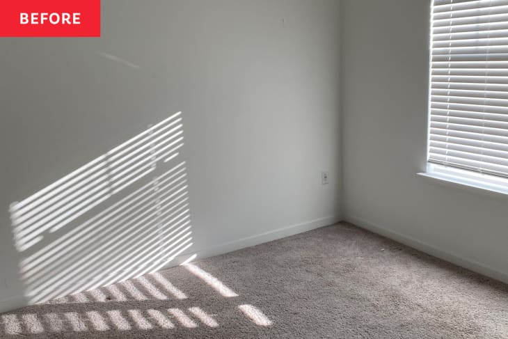 Before: an empty white room with beige carpeting