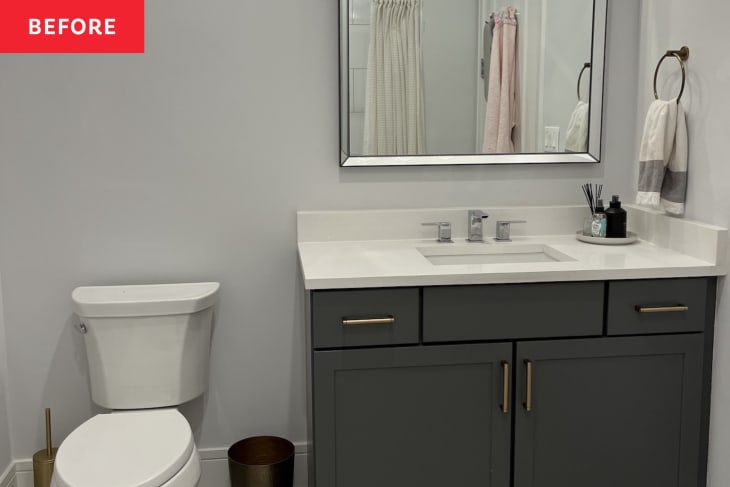 Before: Builder-grade bathroom with gray vanity