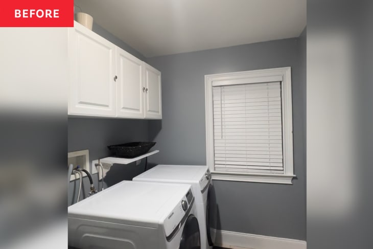 Laundry room before makeover: Gray walls, white trim, white cabinets, tile floor