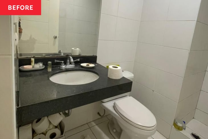 Before: Bathroom with black countertop