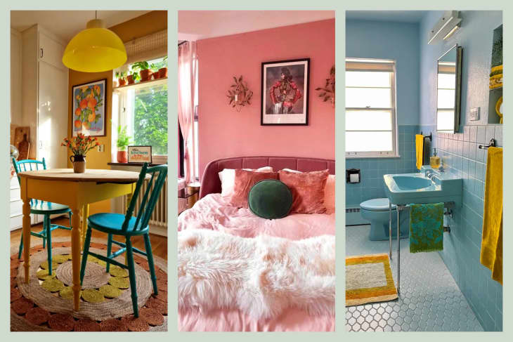 3 colorful rooms after being remodeled: 1 yellow and turquoise dining room, 1 pink luxe bedroom, one blue tiled bathroom with yellow accents
